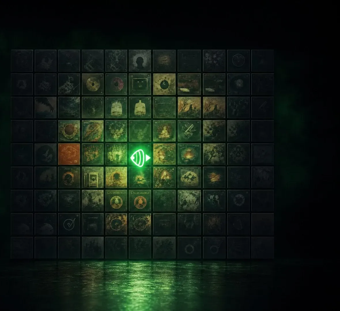 A wall of album artwork in the dark, one release lit up in green